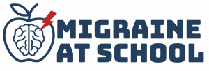 The logo for Migraine at School featuring a blue apple outline with a brain inside, symbolizing learning and health, and a red lightning bolt striking through the apple, representing migraine. The words 'Migraine at School' are written in bold blue text t