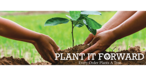 Image of two peoples hands planting a tree with the text Plant It Forward every order plants a tree.