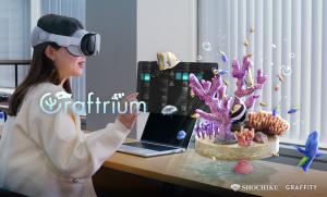 A user wearing the Apple Vision Pro playing Craftrium, depicting multiple fish in a working space