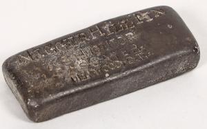 Important Stephen F. Molitor tin ingot (Deadwood, Dakota Territory, circa 1884), 2.35 troy oz. Molitor was the son of famous Gold Rush assayer and coiner A.P. Molitor (est. $8,000-$12,000).