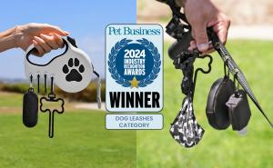 Image of StitchLeash dog leashes, featuring both retractable and non-retractable options, alongside the 2024 Pet Business Industry Recognition Award badge. The award-winning leash is designed for convenience with features like waste bag dispensers and cus