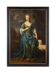 Full-length, life-size oil on canvas portrait painting of Lady Bridget by Thomas Gibson (English, 1680-1751), measuring 68 1/4 inches tall by 44 ¼ inches wide (canvas, minus frame) ($36,300).