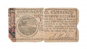 American Continental currency $20 bank note dated May 10, 1775 (Friedberg CC-9), printed on marbled polychrome paper supplied by statesman Benjamin Franklin ($7,865).