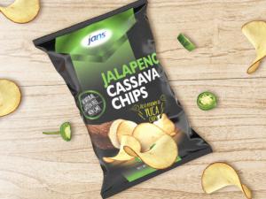 Image of Jan’s Cassava Jalapeno Chips packaging, showcasing a vibrant design with cassava chips and a hint of jalapeno. The product is marketed as a healthy snack option for leisure time.