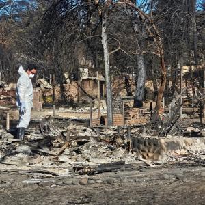 Jaime Gomez surveys fire damage to his Altadena home