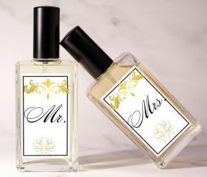 Two perfume bottles labeled Mr and Mrs.