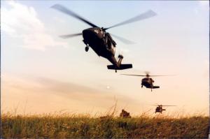 Three Black Hawk Helicopters in mission mode