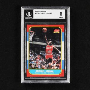 1986-87 Fleer #57 Michael Jordan rookie card, widely considered the most desirable Jordan rookie card, graded Beckett 8 in Near Mint-Mint condition. (CA$8,850).