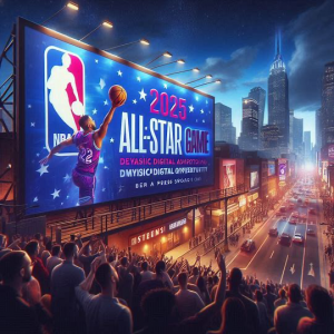 Large digital billboard promoting the 2025 NBA All-Star Game, featuring a basketball player mid-dunk, overlooking a city street filled with cheering fans and traffic. Skyscrapers and bright lights create a vibrant, nighttime atmosphere.