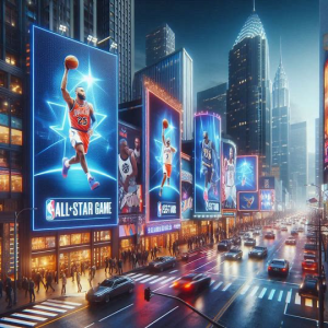 Bright, multi-story digital billboards displaying NBA All-Star Game highlights and players light up a bustling city street at night. Traffic moves along the wet streets as crowds gather to admire the illuminated displays against a backdrop of towering sky