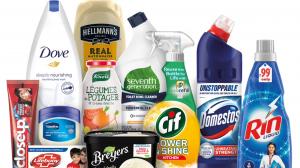 A picture of various products made by Unilever such as Dove soap, Hellmans Mayonnaise, and seventh generation cleaning products.