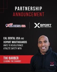 Tiki Barber showcasing the XSport Ninja Pro Mouthguard alongside Cal Dental USA and XSport representatives, highlighting innovation in athlete safety and CTE prevention.