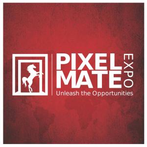 Pixelmate Expo logo with a white horse inside a framed doorway on a textured red background, accompanied by the slogan "Unleash the Opportunities."