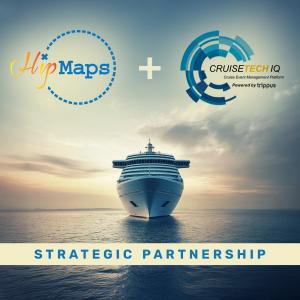 The front of a cruise ship on an ocean coming toward the viewer with the HipMaps logo & CruiseTech IQ's logo in the sky