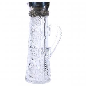American Brilliant Cut Glass (ABCG) tankard with a large, embossed sterling silver collar (or spout) marked Gorham, exquisite hobstar base and a triple notched handle (est. $1,500-$2,500).