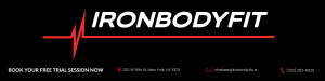 showcasing the logo of Iron Bodyfit written in White on a black background with a hreat beat design in red as well the adress, phone number, and email and a CTA to book a free session now.