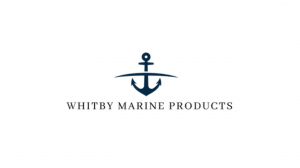 Whitby Marine Products logo featuring a navy blue anchor with a curved line above it, symbolizing the ocean, and the company name in elegant serif font below.