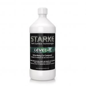 Starke Level-R Extra-Heavy Cut Compound in a white bottle, designed for removing 600-800 grit sand scratches and heavy oxidation on gel-coat or paint surfaces.