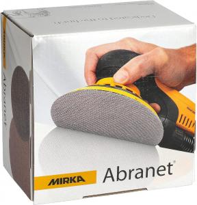 Box of Mirka Abranet sanding discs, featuring a close-up of a person using a yellow sander with a mesh abrasive disc for dust-free and efficient sanding.