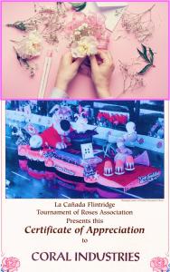 Rose parade floats and flower corsets are set and bond with Coral Industries contact adhesives