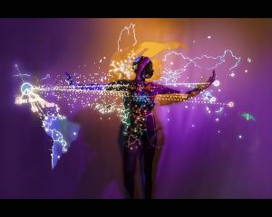 An artistic picture of a woman with open arms showing the map of the world with lights of real time flights