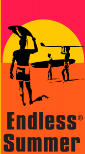 The Original Endless Summer Poster Art with three surfers holding surfboards looking out to ocean