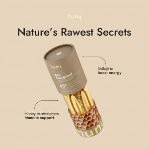 HUNY™ Shilajit Honey Sticks packaging with product details highlighting energy-boosting and immune-supporting benefits.