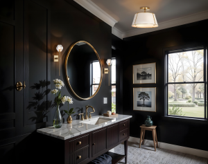 Luxurious bathroom featuring Rowabi’s new wall sconces and flush mount lighting collection, with elegant gold accents, a round mirror, dark cabinetry, and a marble countertop.