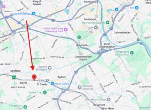 Map marked to show Ballard Designs new store location move from KOP Mall to The Main Line in Wayne PA