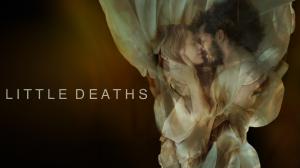 Horizontal image of the official poster for Little Deaths that features a man and woman in an embrace.