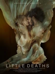 Official poster for "Little Deaths" featuring a man and a woman embracing in front of a darkly colored, abstract background