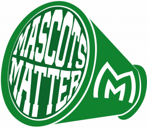 Green megaphone with a stylized "M" on the side. In the center of the megaphone written in white text is "Mascots Matter".