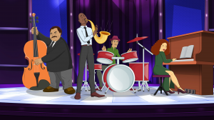 A musical scene featuring Otis Walker from Jazzy Bells, an animated short written and directed by Dara Frazier. Photo courtesy of  1642 Productions, LLC.