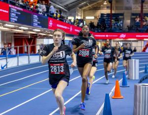 Runner Dylan McElhinney enroute to winning the High School 1,500-meter run at the Colgate Women’s Games finals on February 1, 2025 at the Nike Track and Field Center at the Armory in Manhattan. Elliot Mangual/Colgate Women's Games