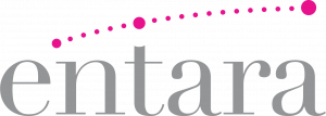 "entara" written in grey in lowercase with pink dots arching over the name