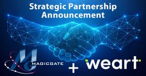 Two digital hands shaking in agreement with the Magicgate and WEART logo displayed announcing a strategic partnership