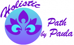 A logo in purple and cyan color with shapes like flower with the words "Holistic Path by Paula"