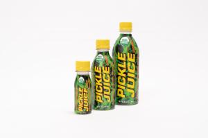 A trio of Pickle Juice® bottles displayed against a white backdrop, highlighting the different sizes and product offerings..