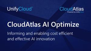 A graphic with text that states CloudAtlas AI Optimize informs and enables cost efficient and effective AI innovation