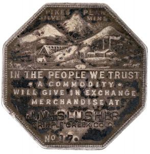 1901 imprint type Jos. Lesher No. 17 referendum silver dollar for J. M. Slusher in EF-AU condition, one of 260 stamped, with a low serial number and a mining scene ($4,500).