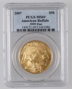 This 2007 American Buffalo $50 bullion gold coin, graded PCGS MS 69, .9999 fine, one of only 136,000 minted, found a new owner for $3,000.