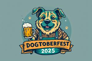 Illustration of a cheerful dog wearing traditional Bavarian attire, holding a frothy beer mug, with a banner that reads 'Dogtoberfest 2025'. The background features paw prints, symbolizing a fun and pet-friendly event.