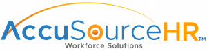 The logo for AccuSourceHR Workforce Solutions features the company name in blue and orange text with a stylized arc above it. The word 'AccuSourceHR' is prominently displayed, with the letters 'AccuSource' in blue, an orange bullseye for the 'o' in 'Sourc