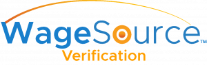 Logo of WageSource Verification with the word 'WageSource' in blue, featuring an orange bullseye for the 'o' in 'Source,' and 'Verification' in orange. Above the text is a stylized arc with a gradient orange, resembling a phoenix sunset