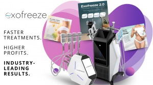 ExoFreeze 1.0 and 2.0 cryotherapy machines with marketing materials showcasing fat-freezing, skin-tightening, and body contouring benefits. Text highlights “Faster Treatments. Higher Profits. Industry-Leading Results.”