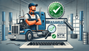 A digital illustration featuring a verified truck repair business listing on a laptop screen with a bold green 'VERIFIED' checkmark. In the background, a semi-truck is parked at a repair shop where a mechanic is performing maintenance. A 'Verified by NTTR