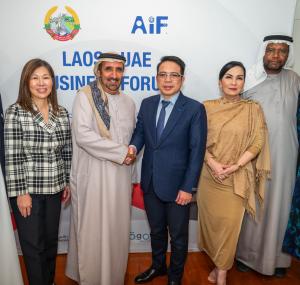 Dr. Narisa Chauvidul-Aw, Founder & CEO of KogoPAY, H.E. Awad Bin Sheikh Mohammed Bin Al Sheikh Mujren, Dr. Rithikone Phoummasack, Chairman of AIF Group Laos, Marlene Murphy, President & Founder of Philippine Partnership Circle, Abdulla Ali Al Mubarak, and