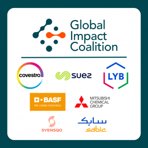 Graphic of logos from Global Impact Coalition and 7 companies co-leading the Automotive Plastics Circularity Pilot: BASF, Covestro, LyondellBasell, Mitsubishi Chemical Group, SABIC, SUEZ & Syensqo