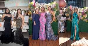 Composite of three photos with female models wearing special occasion dresses from Trudys Brides and Special Occasions at Trudys 50 Years of "Yes to the Dress" Celebration in October 2024.