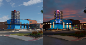 Rendering of Elevator Kansas City location featuring a modern blue and brick exterior, a signature Elevator tower, mural artwork, and a parking lot with cars and people walking toward the entrance.